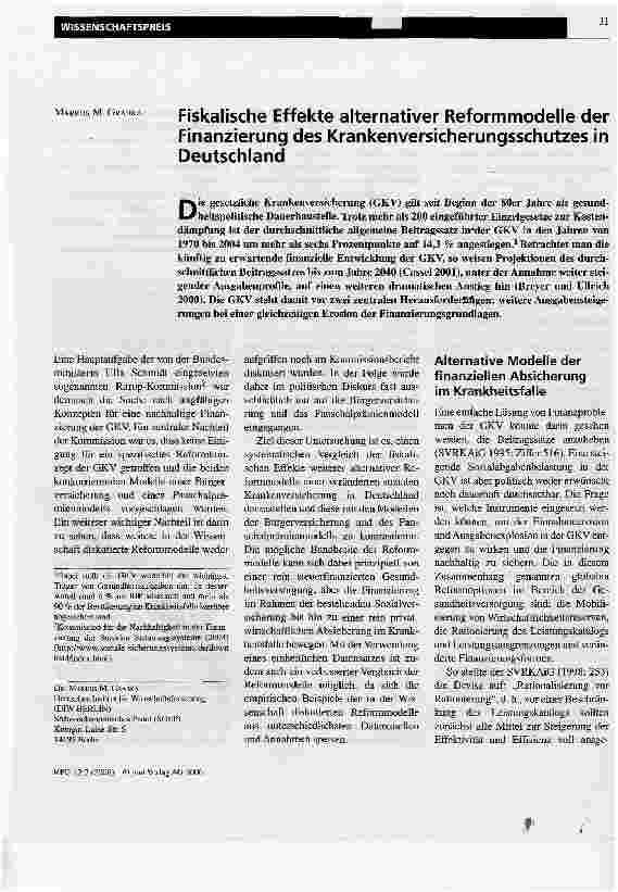 Vorschauseite 1: Fiskalische Effekte alternativer Reformmodelle der Finanzierung des Krankenversicherungsschutzes in Deutschland