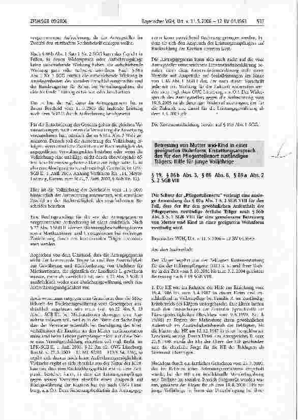 Vorschauseite 1: Betreuung von Mutter und Kind in einer geeigneten Wohnform; Erstattungsanspruch des für den Pflegestellenort zuständigen Trägers; Hilfe für Junge Volljährige.