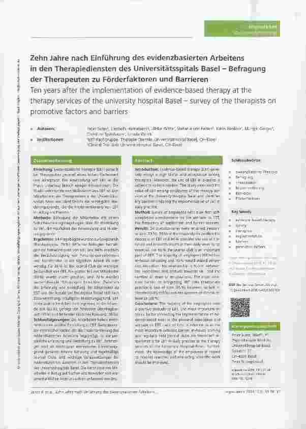 Vorschauseite 1: Zehn Jahre nach Einführung des evidenzbasierten Arbeitens in den Therapiediensten des Universitätsspitals Basel Befragung der Therapeuten zu Förderfaktoren und Barrieren