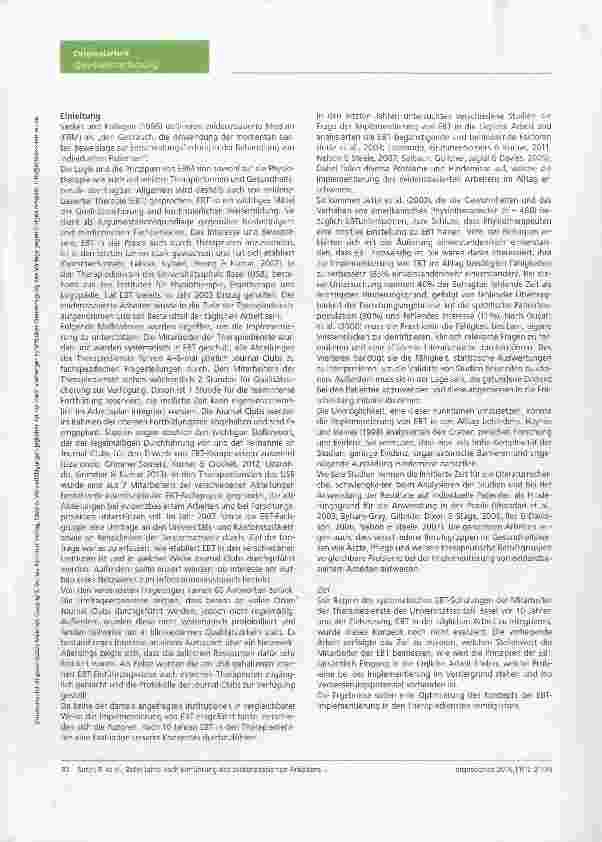 Vorschauseite 2: Zehn Jahre nach Einführung des evidenzbasierten Arbeitens in den Therapiediensten des Universitätsspitals Basel Befragung der Therapeuten zu Förderfaktoren und Barrieren