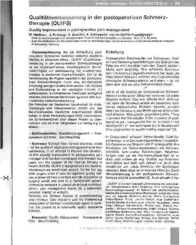 Vorschauseite 1: Qualitätsverbesserung in der postoperativen Schmerztherapie (QUIPS)