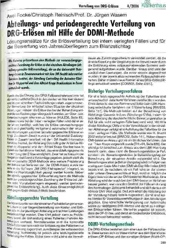 Vorschauseite 1: Abteilungsund periodengerechte Verteilung von DRG-Erlösen mit Hilfe der DDMI-MethodeLösungsansätze für die Erlösverteilung bei intern verlegten Fällen und für die Bewertung von Ja…