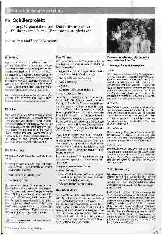 Vorschauseite 1: Ein Schülerprojekt Planung, Organisation und Durchführung einer Fortbildung zum Thema Pneumonieprophylaxe