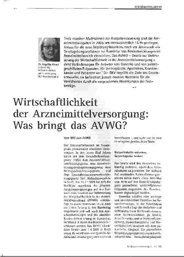 Vorschauseite 1: Wirtschaftlichkeitder Arzneimittelversorgung:Was bringt das AVWG?