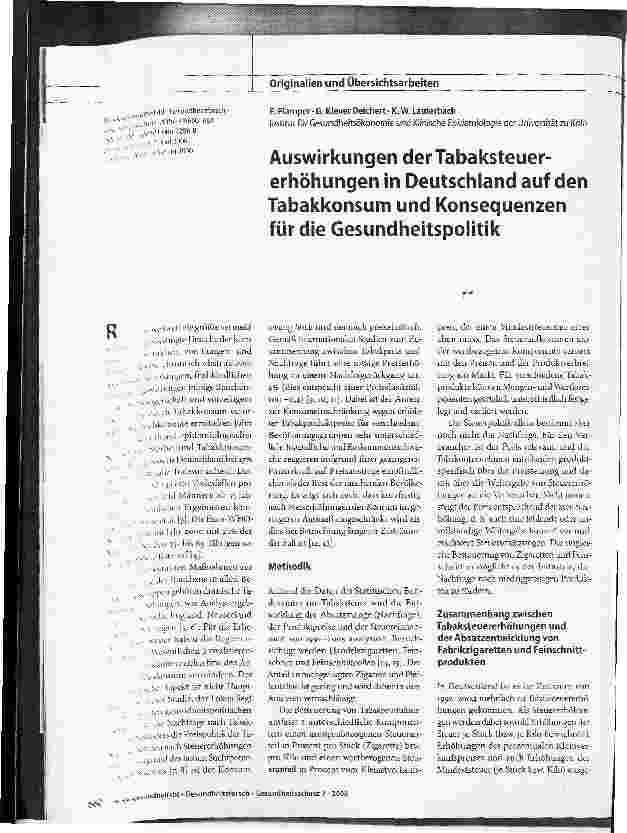 Vorschauseite 1: Auswirkungen der Tabaksteuererhöhungen in Deutschland auf den Tabakkonsum und Konsequenzen für die Gesundheitspolitik