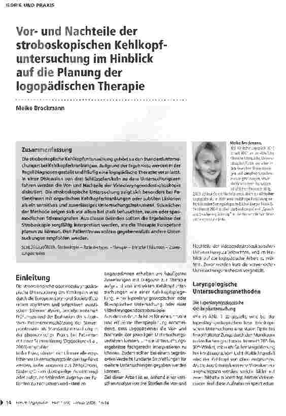 Vorschauseite 1: Vorund Nachteile der stroboskopischen Kehlkopfuntersuchung im Hinblick auf die Planung der logopädischen Therapie