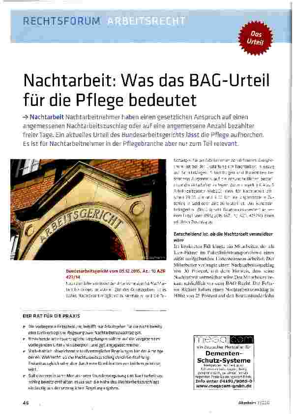 Vorschauseite 1: Nachtarbeit: Was das BAC-Urteil für die Pflege bedeutet