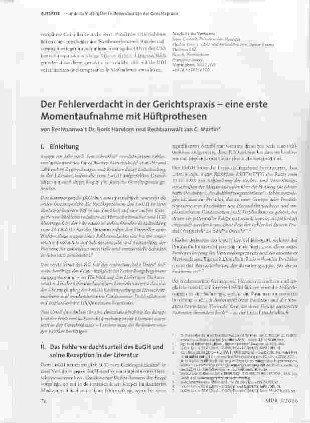 Vorschauseite 1: Der Fehlerverdacht in der Gerichtspraxis eine erste Momentaufnahme mit Hüftprothesen