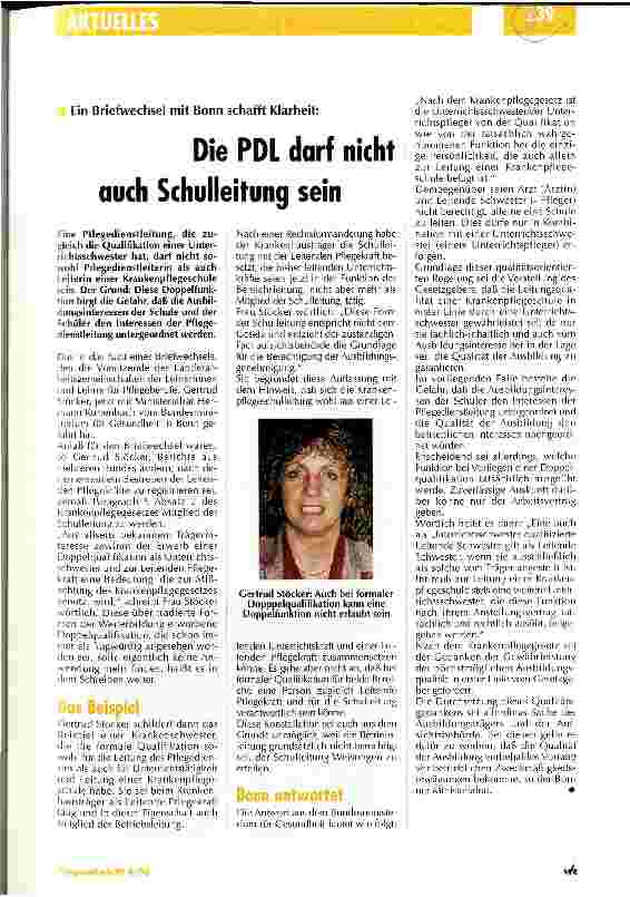 Vorschauseite 1: Die PDL darf nicht auch Schulleitung sein Ein Briefwechsel mit Bonn schafft Klarheit