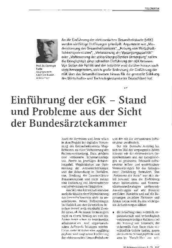 Vorschauseite 1: Einführung der eGK - Stand und Probleme aus der Sicht der Bundesärztekammer