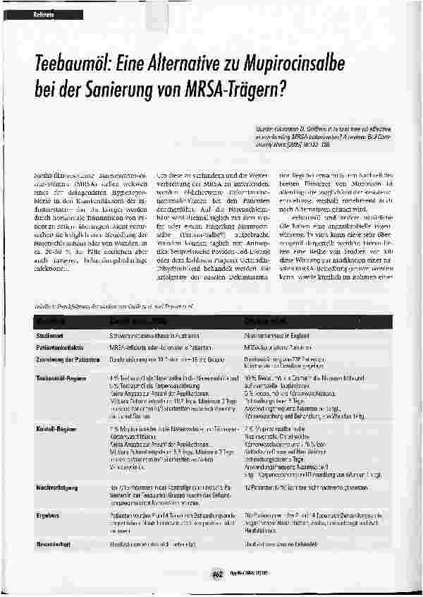 Vorschauseite 1: Teebaumöl: Eine Alternative zu Mupirocinsalbe bei der Sanierung von MRSA-Trägern ?