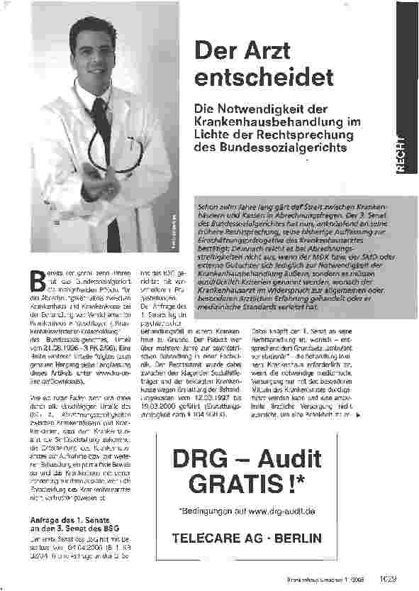 Vorschauseite 1: Der Arzt entscheidet - Die Notwendigkeit der Krankenhausbehandlung im Lichte der Rechtsprechung des Bundessozialgerichts