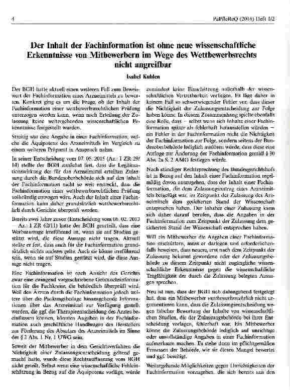 Vorschauseite 1: Der Inhalt der Fachinformation ist ohne neue wissenschaftliche Erkenntnisse von Mitbewerbern im Wege des Wettbewerbsrechts nicht angreifbar