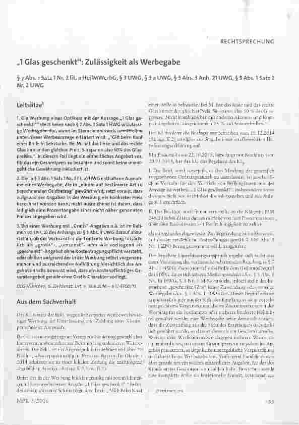 Vorschauseite 1: „1 Glas geschenkt: Zulässigkeit als Werbegabe