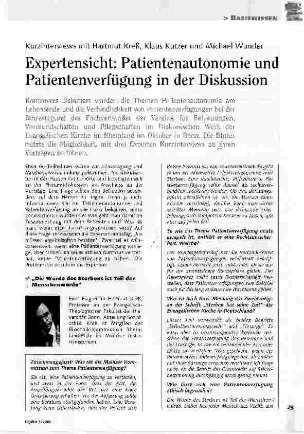 Vorschauseite 1: Expertensicht: Patientenautonomie und Patientenverfügung in der DiskussionKurzinterviews mit Hartmut Kreß, Klaus Kutzer und Michael Wunder