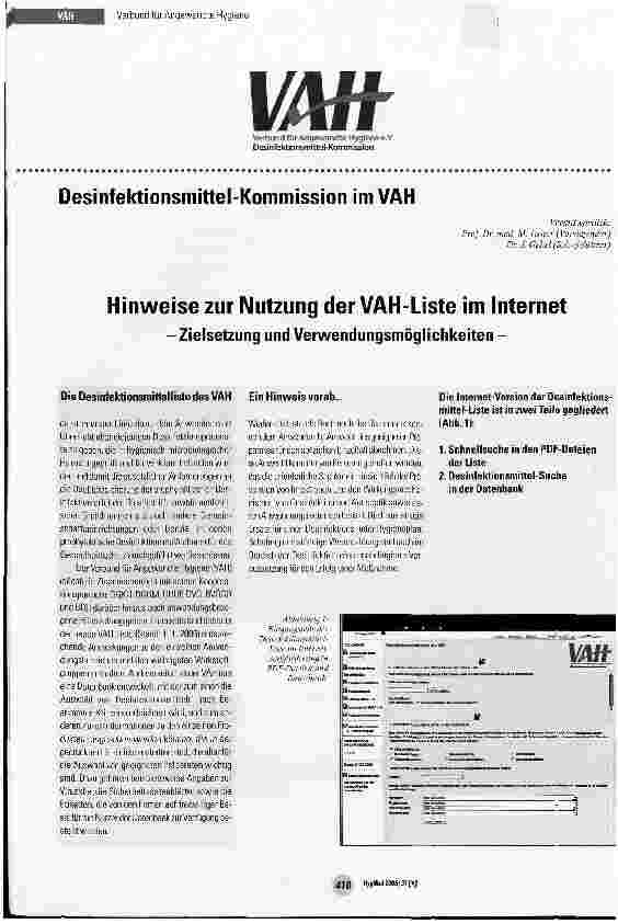 Vorschauseite 1: Hinweise zur Nutzung der VAH-Liste im Internet- Zielsetzung und Verwendungsmöglichkeiten -