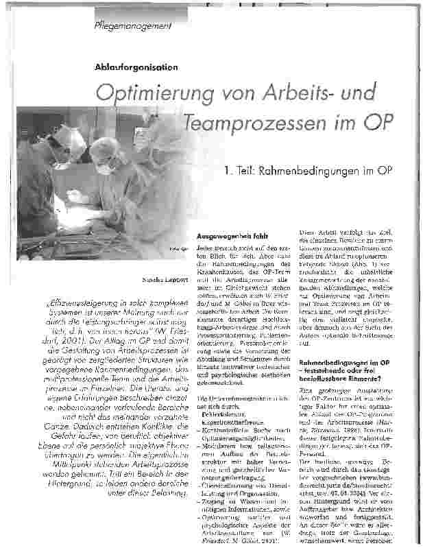 Vorschauseite 1: Optimierung von Arbeitsund Teamprozessen im OP1. Teil: Rahmenbedingungen im OP