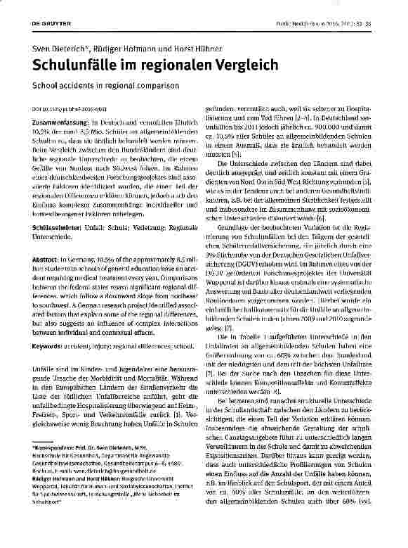 Vorschauseite 1: Schulunfälle im regionalen Vergleich