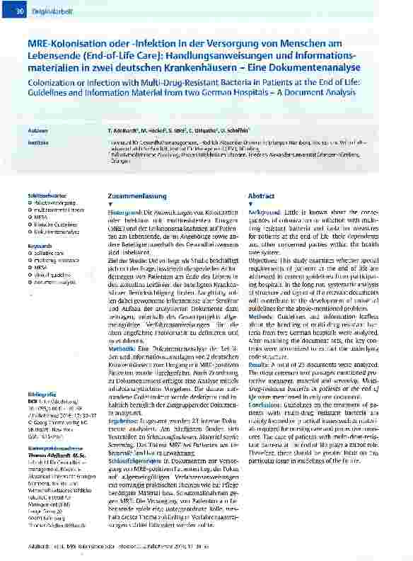 Vorschauseite 1: MRE-Kolonisation oder -Infektion in der Versorgung von Menschen am Lebensende (End-of-Life Care): Handlungsanweisungen und Informationsmaterialien in zwei deutschen Krankenhäusern…