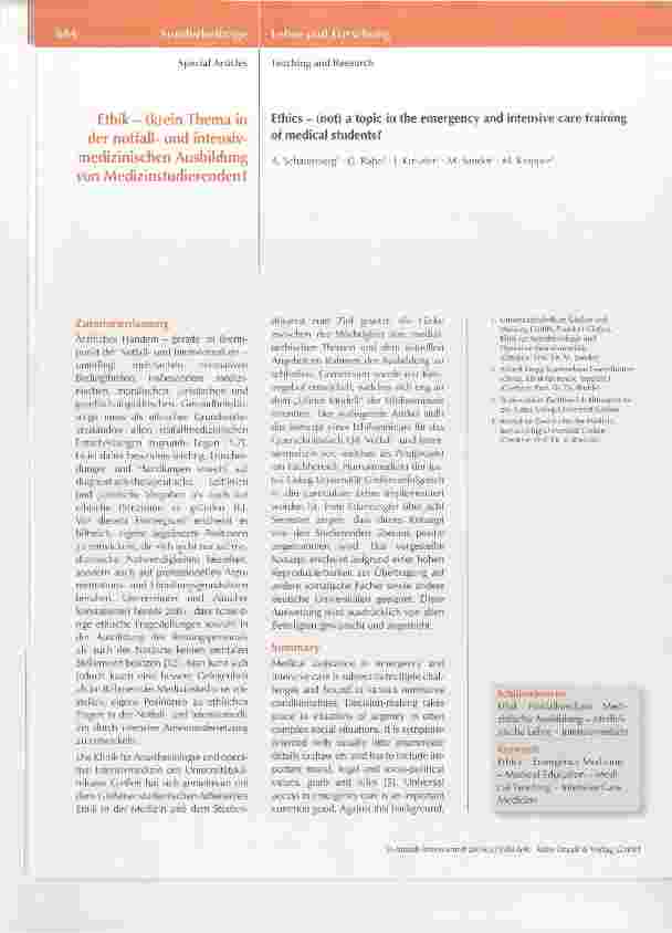 Vorschauseite 1: Ethik (k)ein Thema in der notfallund intensivmedizinischen Ausbildung von Medizinstudierenden?