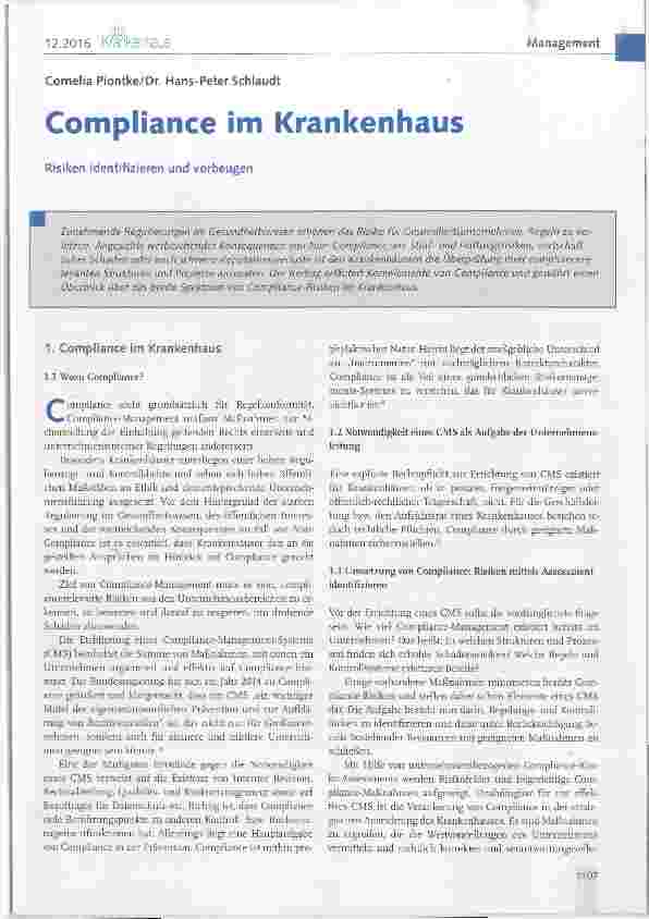 Vorschauseite 1: Compliance im Krankenhaus