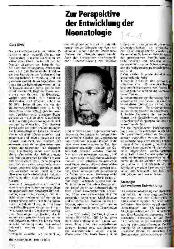 Vorschauseite 1: Zur Perspektive der Entwicklung der Neonatologie
