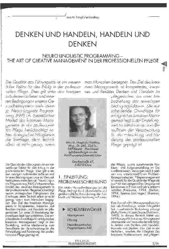 Vorschauseite 1: Denken und Handeln, Handeln und Denken Neuro Linguistic Programming - The Art of Creative Management in der professionellen Pflege