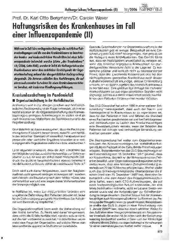 Vorschauseite 1: Haftungsrisiken des Krankenhauses im Fall einer Influenzapandemie (II)