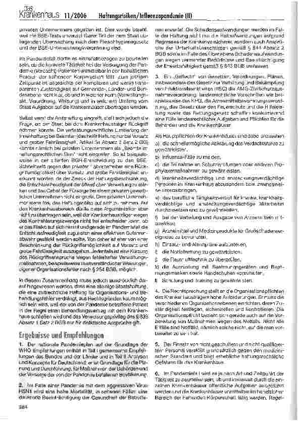 Vorschauseite 6: Haftungsrisiken des Krankenhauses im Fall einer Influenzapandemie (II)