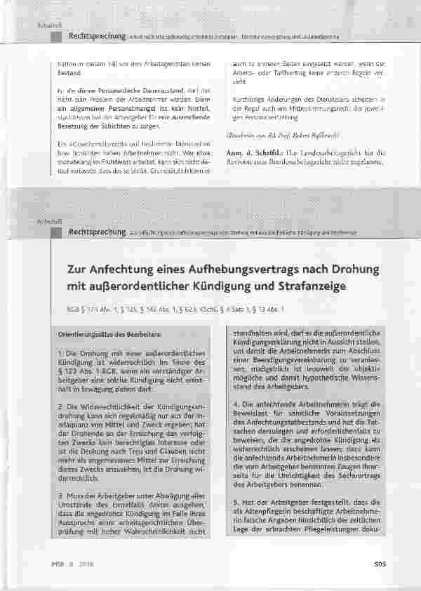 Vorschauseite 1: Zur Anfechtung eines Aufhebungsvertrags nach Drohung mit außerordentlicher Kündigung und Strafanzeige