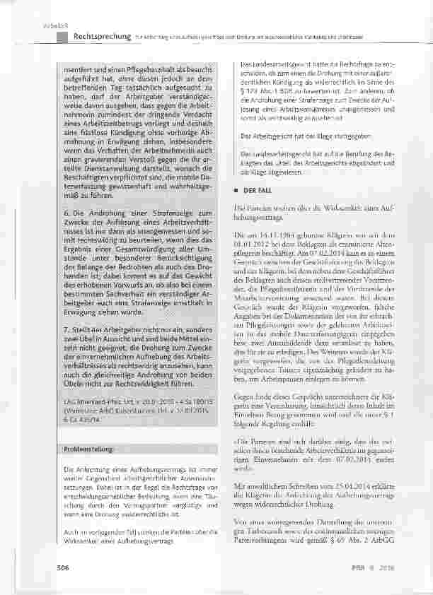 Vorschauseite 2: Zur Anfechtung eines Aufhebungsvertrags nach Drohung mit außerordentlicher Kündigung und Strafanzeige