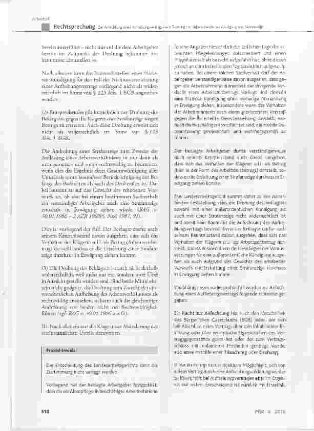 Vorschauseite 6: Zur Anfechtung eines Aufhebungsvertrags nach Drohung mit außerordentlicher Kündigung und Strafanzeige