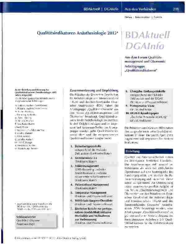 Vorschauseite 1: Qualitätsindikatoren Anästhesiologie 2015