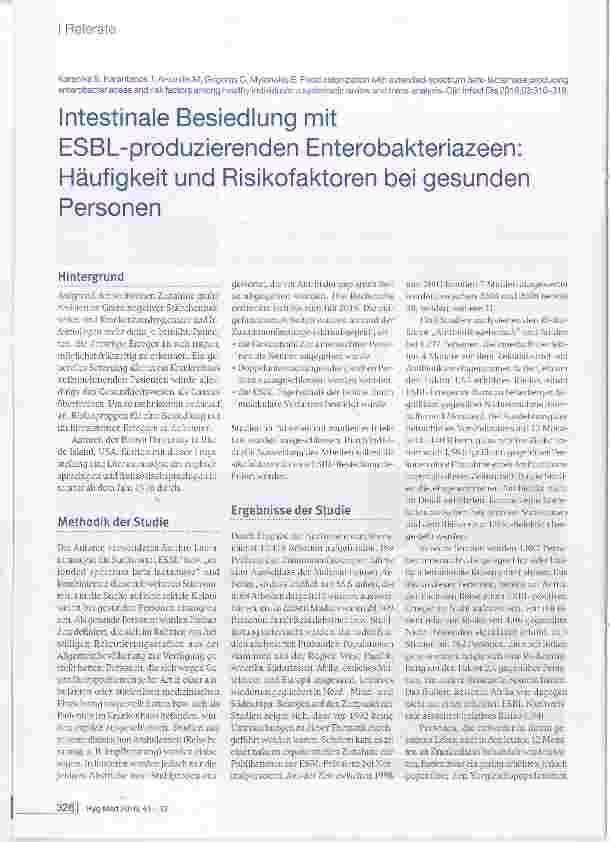 Vorschauseite 1: Intestinale Besiedlung mit ESBL-produzierenden Enterobakteriazeen: Häufigkeit und Risikofaktoren bei gesunden Personen