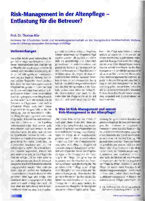 Vorschauseite 1: Risk-Management in der Altenpflege -Entlastung für die Betreuer?