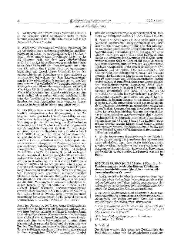 Vorschauseite 1: SGB IX §§ 85, 89; KSchG § 23 Abs. 1 Sätze 2 u. 3 Zustimmung zur betriebsbedingten Kündigung eines schwerbehinderten Menschen - entscheidungserheblicher Zeitpunkt