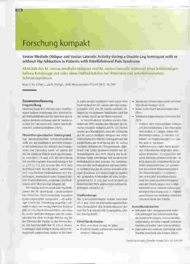 Vorschauseite 1: Aktivität des M. vastus medialis obliquus und M. vastus lateralis während einer beidbeinigen halben Kniebeuge mit oder ohne Hüftadduktion bei Patienten mit patellofemoralem Schmer…