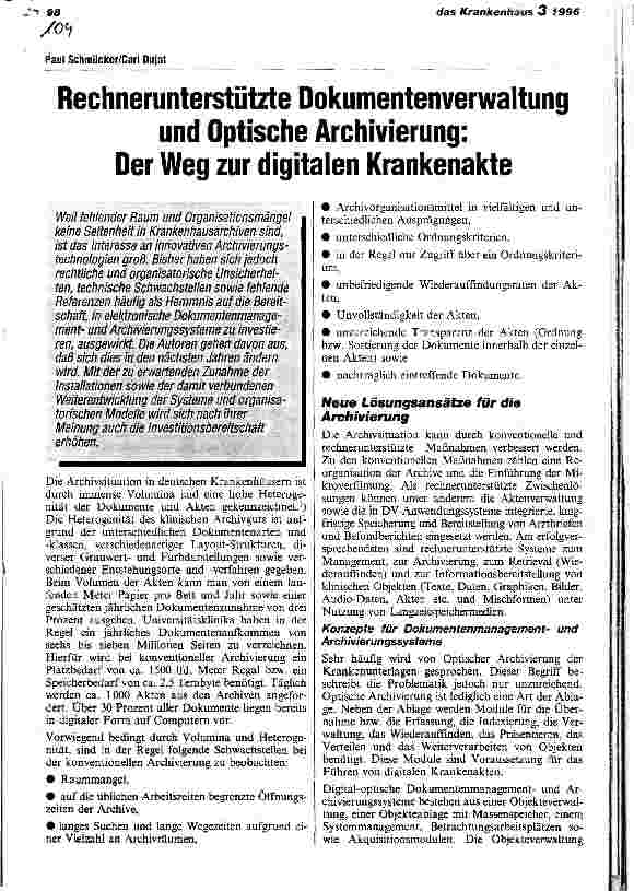 Vorschauseite 1: Rechnerunterstützte Dokumentenverwaltung und Optische Archivierung: Der Weg zur digitalen Krankenakte