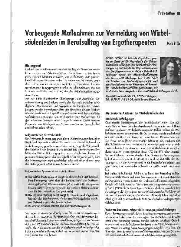 Vorschauseite 1: Vorbeugende Maßnahmen zur Vermeidung von Wirbelsäulenleiden im Berufsalltag von Ergotherapeuten