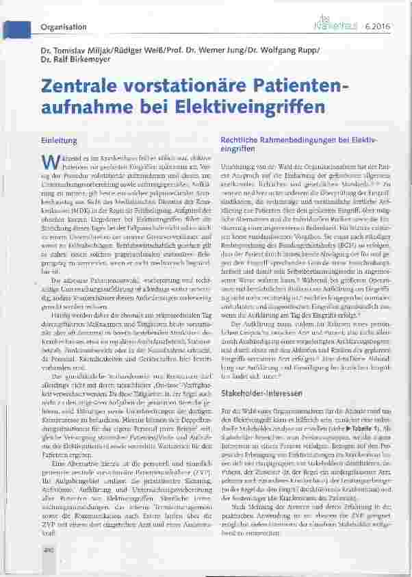Vorschauseite 1: Zentrale vorstationäre Patienten aufnahme bei Elektiveingriffen