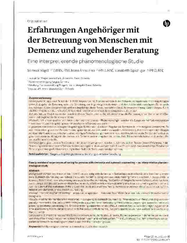 Vorschauseite 1: Erfahrungen Angehöriger mit der Betreuung von Menschen mit Demenz und zugehender Beratung