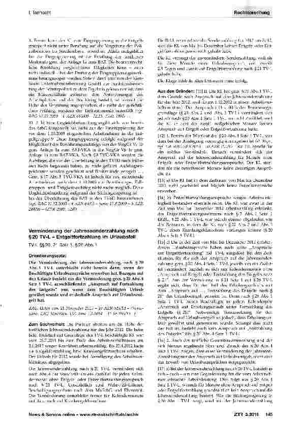 Vorschauseite 1: Verminderung der Jahressonderzahlung nach §20 TV-L - Entgeltfortzahlung im Urlaubsfall