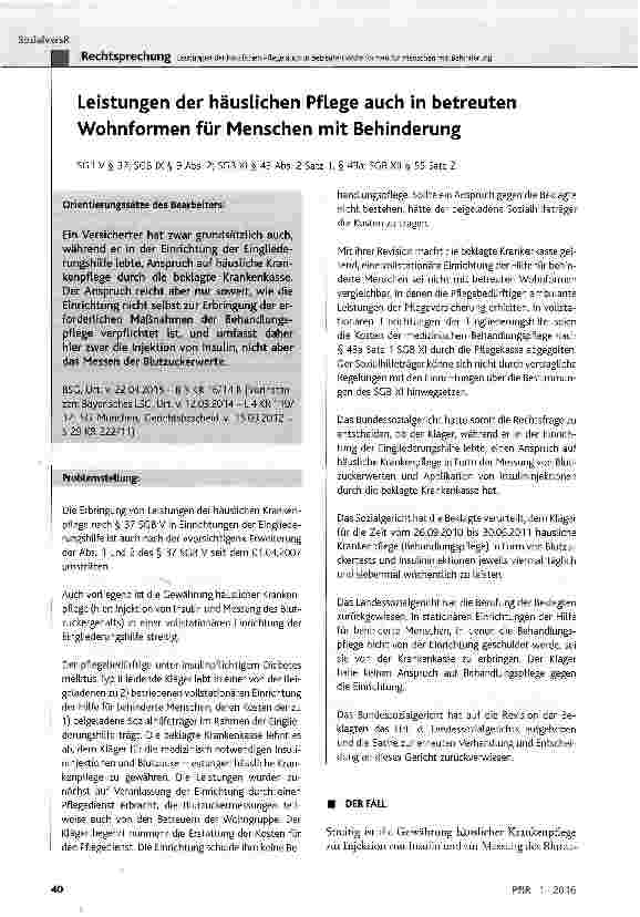 Vorschauseite 1: Leistungen der häuslichen Pflege auch in betreuten Wohnformen für Menschen mit Behinderung