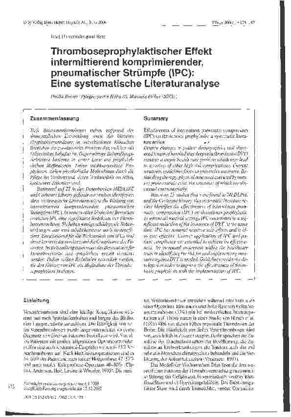 Vorschauseite 1: Thromboseprophylaktischer Effekt intermittierend komprimierender, pneumatischer Strümpfe (IPC): Eine systematische Literaturanalyse
