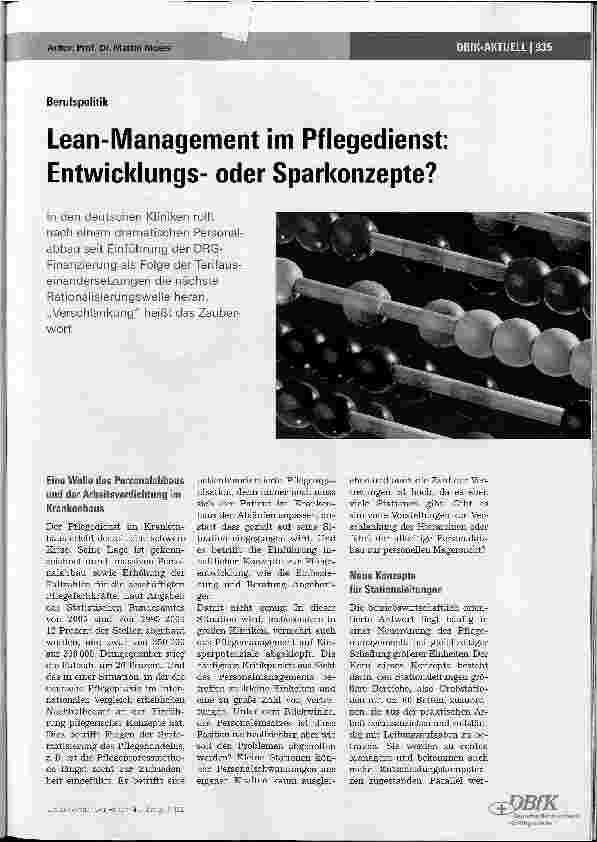 Vorschauseite 1: Berufspolitik - Lean-Management im Pflegedienst: Entwicklungsoder Sparkonzepte?