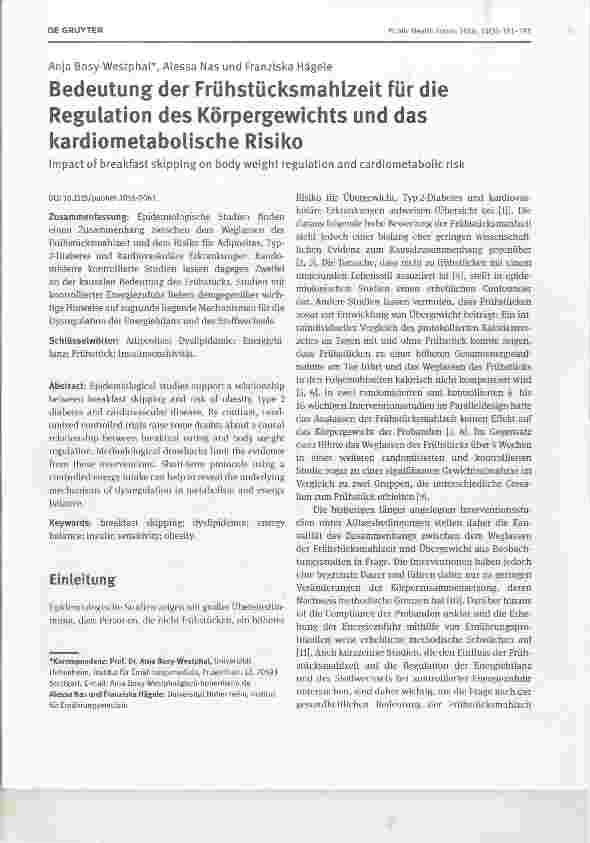 Vorschauseite 1: Bedeutung der Frühstücksmahlzeit für die Regulation des Körpergewichts und das kardiometabolische Risiko