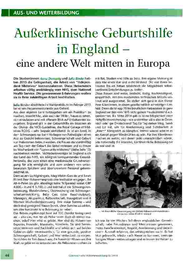 Vorschauseite 1: Außerklinische Geburtshilfe in England eine andere Welt mitten in Europa