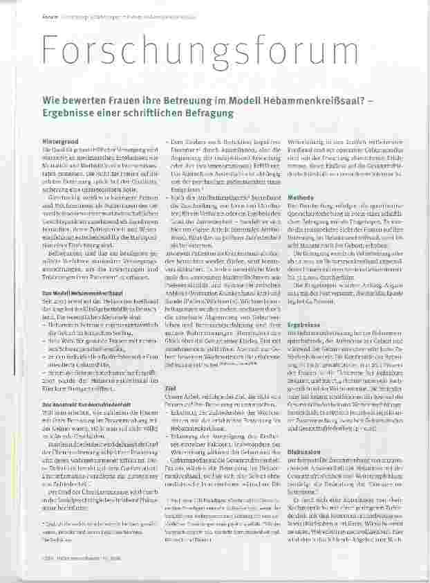 Vorschauseite 1: Forschungsforum Wie bewerten Frauen ihre Betreuung im Modell Hebammenkreißsaal? Ergebnisse einer schriftlichen Befragung