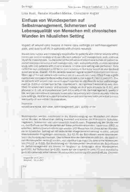 Vorschauseite 1: Einfluss von Wundexperten auf Selbstmanagement, Schmerzen und Lebensqualität von Menschen mit chronischen Wunden im häuslichen Setting