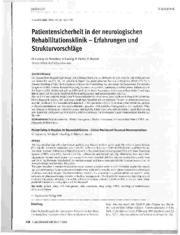 Vorschauseite 1: Patientensicherheit in der neurologischen Rehabilitationsklinik - Erfahrungen und Strukturvorschläge